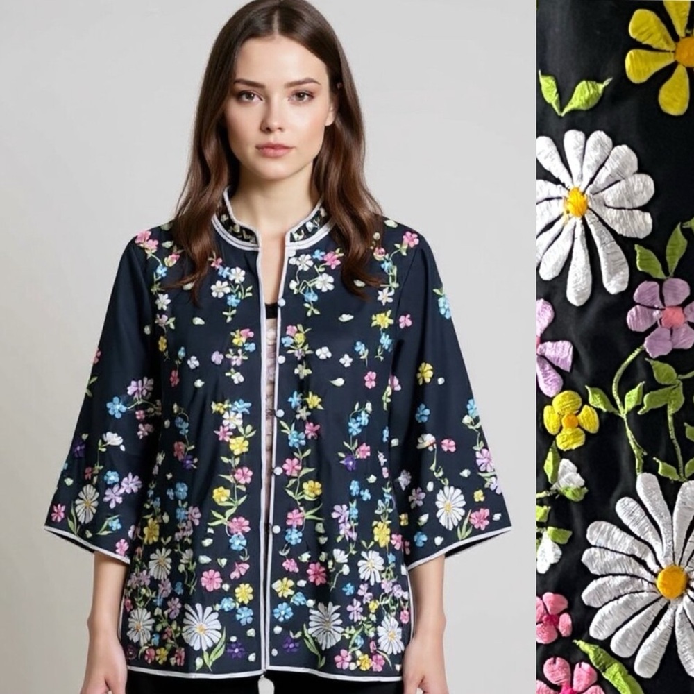 Chuchi San Diego Vintage Floral Garden Embroidered Black Jacket Size Small